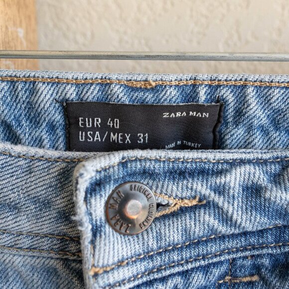 ZARA Shorts Mens Sz 31 Denim Jorts Distressed Ripped Checkerboard Chess - Picture 2 of 3